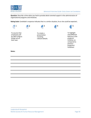 Behavioral Interview Guide: Early Career Job Candidates
Leadership & Navigation
©2016 Society for Human Resource Management Page 30
Question: Describe a time when you had to provide detail-oriented support in the administration of
organizational programs and initiatives.
Rating Scale: Candidate’s response indicates that in a similar situation, he or she could be expected…
Notes:
To assume that
employees will
be able to figure
things out on
their own.
1 2
To create a
presentation
including
relevant details.
3 4
To highlight
new/different
features in the
program/
initiative, as
compared to
previous
programs/
initiatives.
5
 