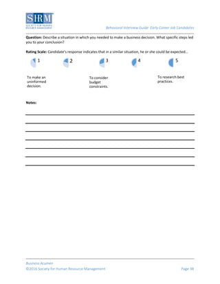 Behavioral Interview Guide: Early Career Job Candidates
Business Acumen
©2016 Society for Human Resource Management Page 38
Question: Describe a situation in which you needed to make a business decision. What specific steps led
you to your conclusion?
Rating Scale: Candidate’s response indicates that in a similar situation, he or she could be expected…
Notes:
To make an
uninformed
decision.
1 2
To consider
budget
constraints.
3 4
To research best
practices.
5
 