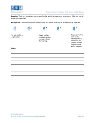Behavioral Interview Guide: Early Career Job Candidates
Critical Evaluation
©2016 Society for Human Resource Management Page 50
Question: Think of a time when you were unfamiliar with a business term or acronym. What did you do
to learn its meaning?
Rating Scale: Candidate’s response indicates that in a similar situation, he or she could be expected…
Notes:
To not ask for an
explanation.
1 2
To ask his/her
colleague and/or
manager about
its meaning.
3 4
To search for the
term on the
internet, find its
definition, and
confirm his/her
understanding
with a manager.
5
 