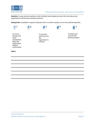 Behavioral Interview Guide: Early Career Job Candidates
Critical Evaluation
©2016 Society for Human Resource Management Page 56
Question: In your previous positions, what methods have helped you learn the most about your
organization's HR function and best practices?
Rating Scale: Candidate’s response indicates that in a similar situation, he or she could be expected…
Notes:
To rely on
hearsay and
make
assumptions
about the
organization
without
confirmation.
1 2
To research
online and via
the
organization’s
intranet.
3 4
To follow and
consult with
business leaders.
5
 