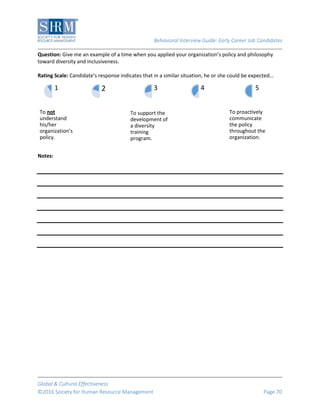 Behavioral Interview Guide: Early Career Job Candidates
Global & Cultural Effectiveness
©2016 Society for Human Resource Management Page 70
Question: Give me an example of a time when you applied your organization’s policy and philosophy
toward diversity and inclusiveness.
Rating Scale: Candidate’s response indicates that in a similar situation, he or she could be expected…
Notes:
To not
understand
his/her
organization’s
policy.
1 2
To support the
development of
a diversity
training
program.
3 4
To proactively
communicate
the policy
throughout the
organization.
5
 