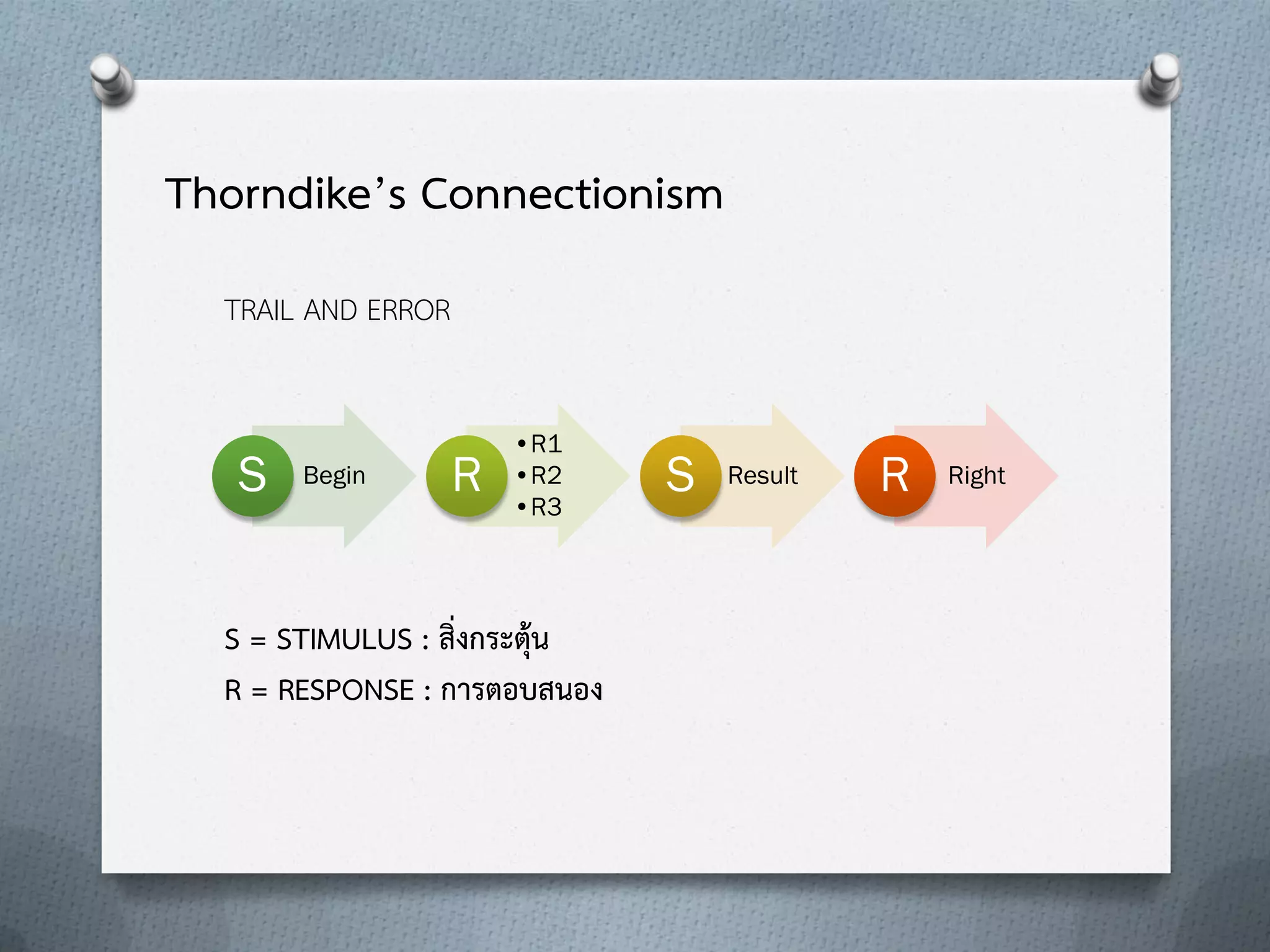 Thorndike’s Connectionism
TRAIL AND ERROR

S

Begin

R

•R1
•R2
•R3

S = STIMULUS : สิ่งกระตุ้น
R = RESPONSE : การตอบสนอง

S

Result

R

Right

 
