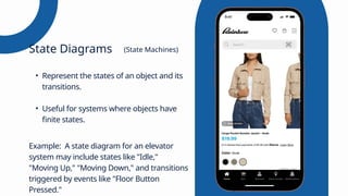 • Represent the states of an object and its
transitions.
• Useful for systems where objects have
finite states.
Example: A state diagram for an elevator
system may include states like "Idle,"
"Moving Up," "Moving Down," and transitions
triggered by events like "Floor Button
Pressed."
State Diagrams (State Machines)
 