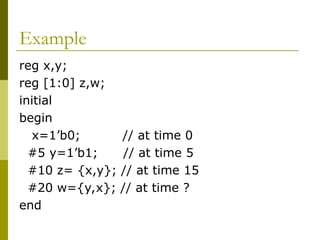 Example
reg x,y;
reg [1:0] z,w;
initial
begin
x=1’b0; // at time 0
#5 y=1’b1; // at time 5
#10 z= {x,y}; // at time 15
#20 w={y,x}; // at time ?
end
 
