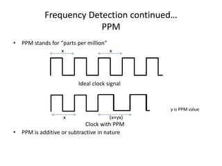 Frequency Detection continued…
PPM
• PPM stands for “parts per million”
Ideal clock signal
Clock with PPM
• PPM is additive or subtractive in nature
x x
x (x+yx)
y is PPM value
 