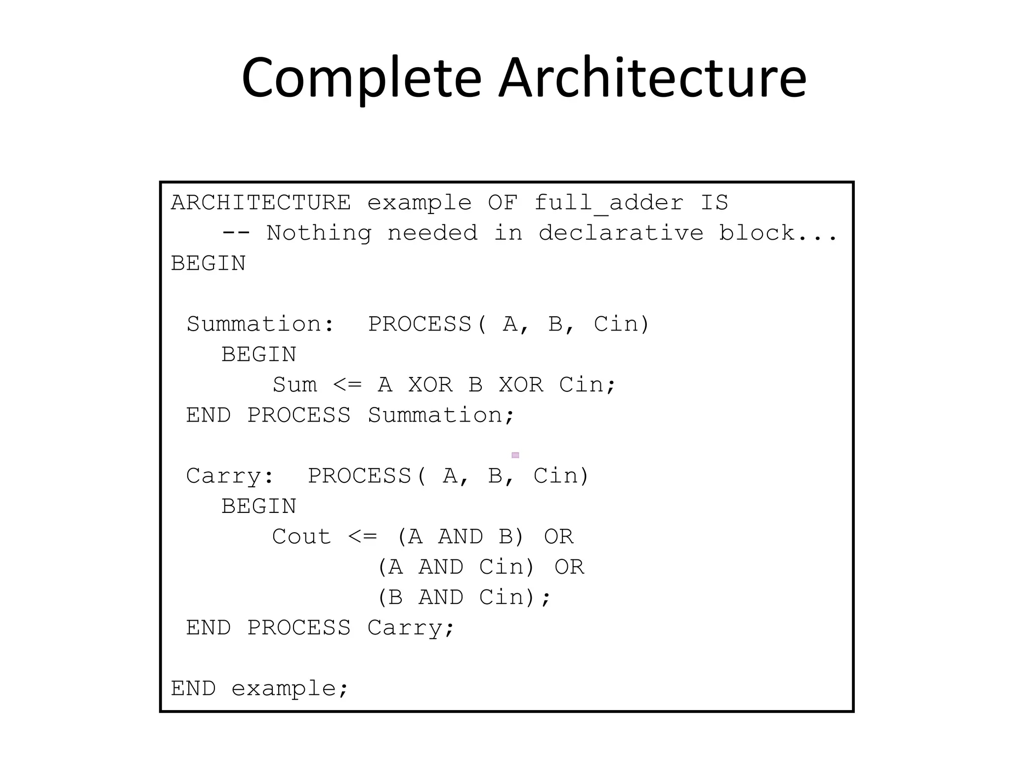 Complete Architecture 
ARCHITECTURE example OF full_adder IS 
-- Nothing needed in declarative block... 
BEGIN 
Summation: PROCESS( A, B, Cin) 
BEGIN 
Sum <= A XOR B XOR Cin; 
END PROCESS Summation; 
Carry: PROCESS( A, B, Cin) 
BEGIN 
Cout <= (A AND B) OR 
(A AND Cin) OR 
(B AND Cin); 
END PROCESS Carry; 
END example; 
 