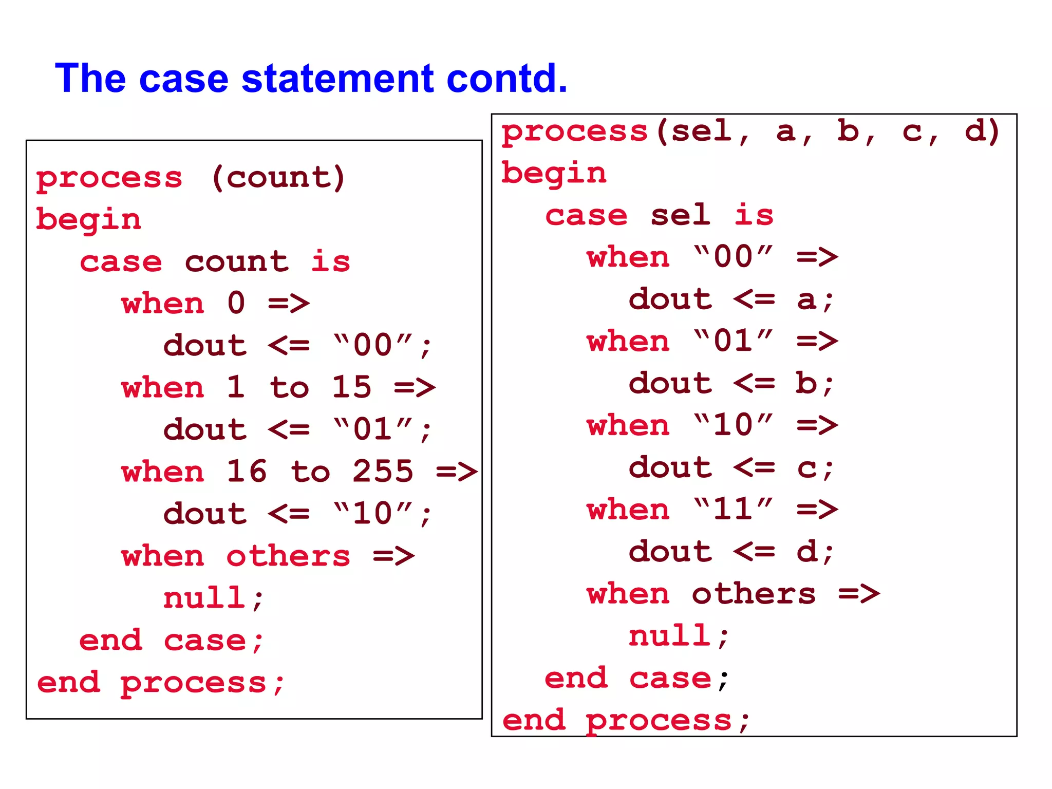 The case statement contd. 
process(sel, a, b, c, d) 
begin 
case sel is 
when “00” => 
dout <= a; 
when “01” => 
dout <= b; 
when “10” => 
dout <= c; 
when “11” => 
dout <= d; 
when others => 
null; 
end case; 
end process; 
process (count) 
begin 
case count is 
when 0 => 
dout <= “00”; 
when 1 to 15 => 
dout <= “01”; 
when 16 to 255 => 
dout <= “10”; 
when others => 
null; 
end case; 
end process; 
 