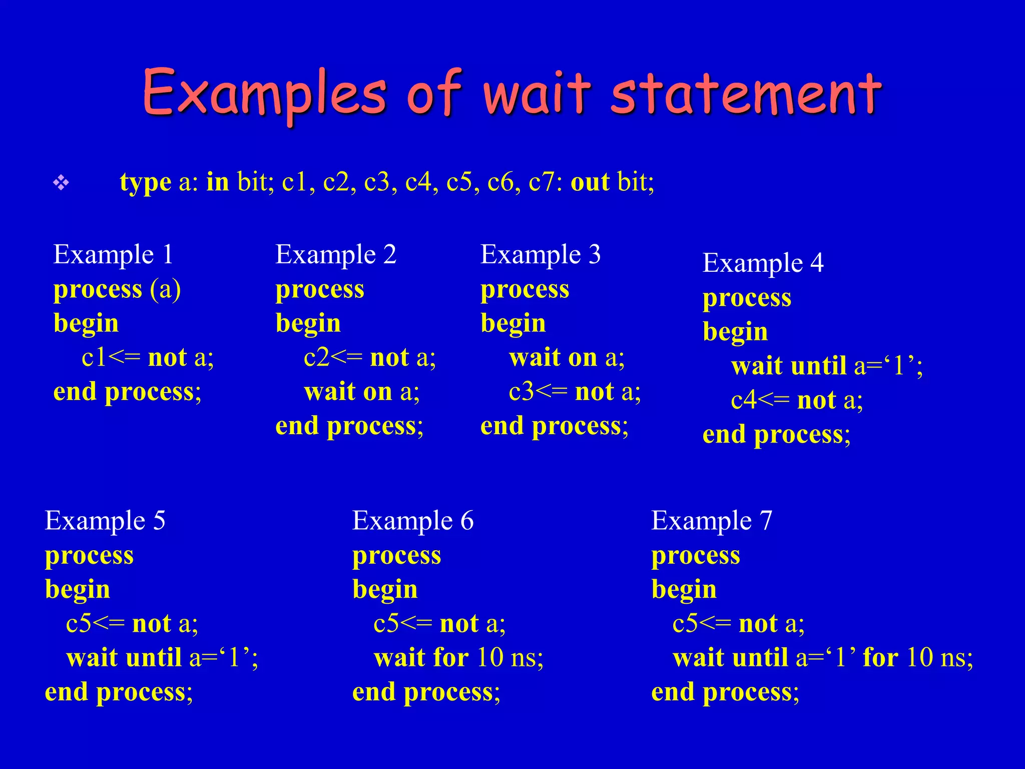 Examples of wait statement 
 type a: in bit; c1, c2, c3, c4, c5, c6, c7: out bit; 
Example 1 
process (a) 
begin 
c1<= not a; 
end process; 
Example 2 
process 
begin 
c2<= not a; 
wait on a; 
end process; 
Example 3 
process 
begin 
wait on a; 
c3<= not a; 
end process; 
Example 4 
process 
begin 
wait until a=‘1’; 
c4<= not a; 
end process; 
Example 5 
process 
begin 
c5<= not a; 
wait until a=‘1’; 
end process; 
Example 6 
process 
begin 
c5<= not a; 
wait for 10 ns; 
end process; 
Example 7 
process 
begin 
c5<= not a; 
wait until a=‘1’ for 10 ns; 
end process; 
 