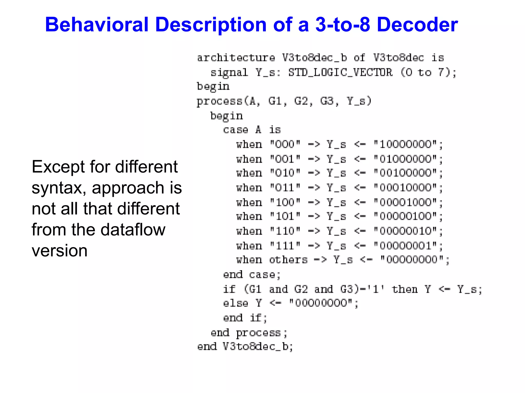 Behavioral Description of a 3-to-8 Decoder 
Except for different 
syntax, approach is 
not all that different 
from the dataflow 
version 
 