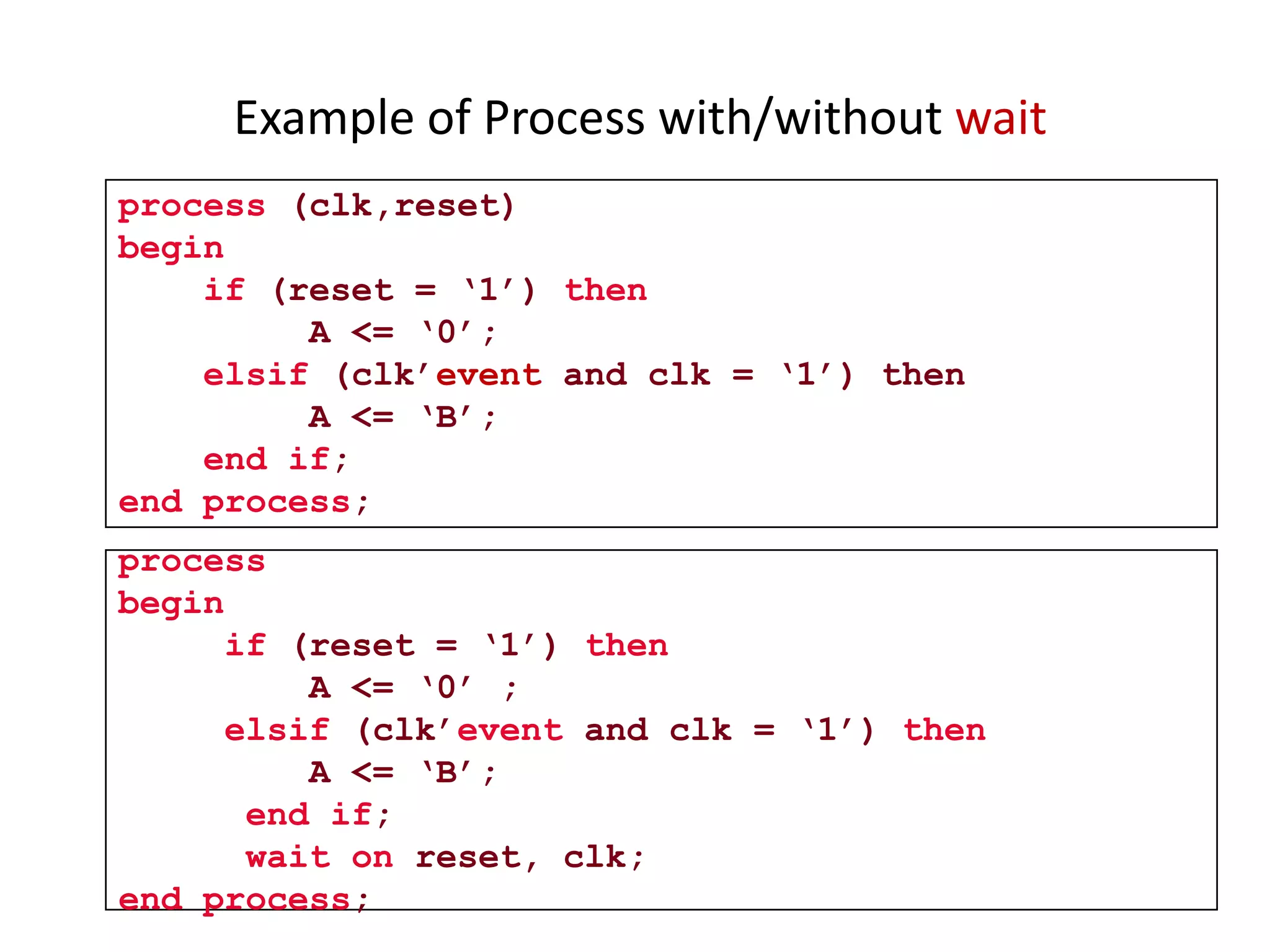 Example of Process with/without wait 
process (clk,reset) 
begin 
if (reset = ‘1’) then 
A <= ‘0’; 
elsif (clk’event and clk = ‘1’) then 
A <= ‘B’; 
end if; 
end process; 
process 
begin 
if (reset = ‘1’) then 
A <= ‘0’ ; 
elsif (clk’event and clk = ‘1’) then 
A <= ‘B’; 
end if; 
wait on reset, clk; 
end process; 
 