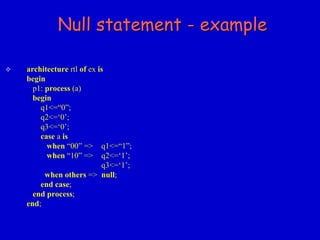 Null statement - example 
 architecture rtl of ex is 
begin 
p1: process (a) 
begin 
q1<=“0”; 
q2<=‘0’; 
q3<=‘0’; 
case a is 
when “00” => q1<=“1”; 
when “10” => q2<=‘1’; 
q3<=‘1’; 
when others => null; 
end case; 
end process; 
end; 
 