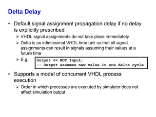 Delta Delay 
• Default signal assignment propagation delay if no delay 
is explicitly prescribed 
 VHDL signal assignments do not take place immediately 
 Delta is an infinitesimal VHDL time unit so that all signal 
assignments can result in signals assuming their values at a 
future time 
 E.g. 
Output <= NOT Input; 
-- Output assumes new value in one delta cycle 
• Supports a model of concurrent VHDL process 
execution 
 Order in which processes are executed by simulator does not 
affect simulation output 
 