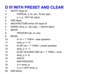 D f/f WITH PRESET AND CLEAR 
1. ENTITY dtype IS 
2. PORT(clk, d, clr, pre : IN std_logic; 
3. q, n_q : OUT std_logic); 
4. END dtype; 
5. ARCHITECTURE behav OF dtype IS 
6. SIGNAL temp_q : std_logic; -- internal signal 
7. BEGIN 
8. PROCESS (clk, clr, pre) 
9. BEGIN 
10. IF clr = ‘1’ THEN -- clear operation 
11. temp_q <= ‘0’; 
12. ELSIF pre = ‘1’ THEN -- preset operation 
13. temp_q <= ‘1’; 
14. ELSIF clk’EVENT AND clk = ‘1’ THEN -- clock 
15. temp_q <= d; 
16. END IF; 
17. END PROCESS; 
18. q <= temp_q; 
19. n_q <= NOT temp_q; 
20. END behav; 
