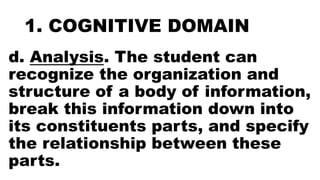 1. COGNITIVE DOMAIN
d. Analysis. The student can
recognize the organization and
structure of a body of information,
break this information down into
its constituents parts, and specify
the relationship between these
parts.
 