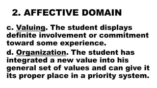 2. AFFECTIVE DOMAIN
c. Valuing. The student displays
definite involvement or commitment
toward some experience.
d. Organization. The student has
integrated a new value into his
general set of values and can give it
its proper place in a priority system.
 