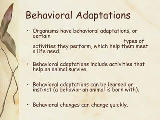 Behavioral Adaptations
• Organisms have behavioral adaptations, or
certain
types of
activities they perform, which help them meet
a life need.
• Behavioral adaptations include activities that
help an animal survive.
• Behavioral adaptations can be learned or
instinct (a behavior an animal is born with).
• Behavioral changes can change quickly.
 