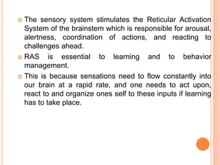  The sensory system stimulates the Reticular Activation
System of the brainstem which is responsible for arousal,
alertness, coordination of actions, and reacting to
challenges ahead.
 RAS is essential to learning and to behavior
management.
 This is because sensations need to flow constantly into
our brain at a rapid rate, and one needs to act upon,
react to and organize ones self to these inputs if learning
has to take place.
 