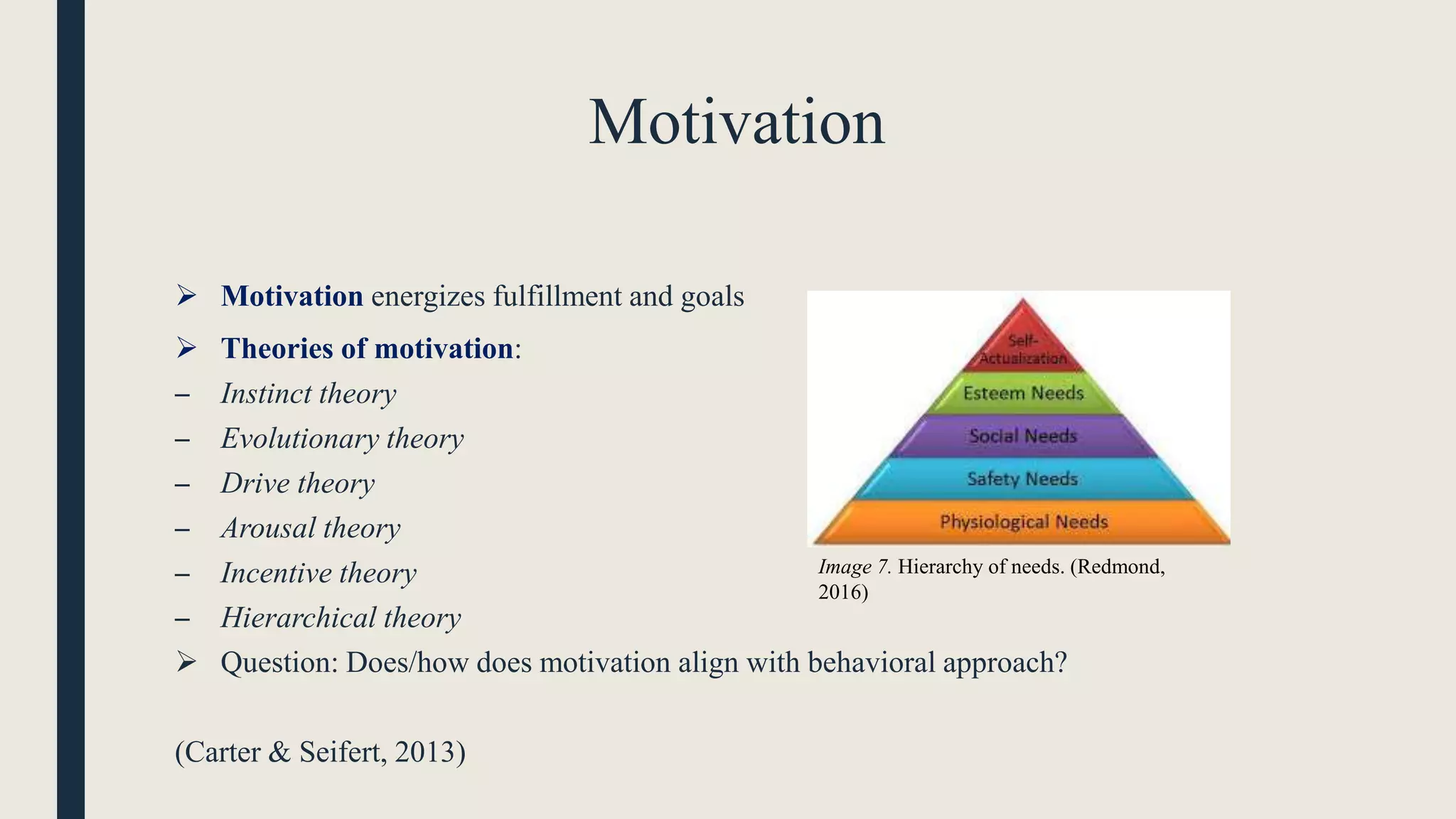 Motivation
 Motivation energizes fulfillment and goals
 Theories of motivation:
– Instinct theory
– Evolutionary theory
– Drive theory
– Arousal theory
– Incentive theory
– Hierarchical theory
 Question: Does/how does motivation align with behavioral approach?
(Carter & Seifert, 2013)
Image 7. Hierarchy of needs. (Redmond,
2016)
 