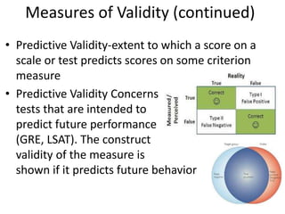 Measures of Validity (continued)
• Predictive Validity-extent to which a score on a
scale or test predicts scores on some criterion
measure
• Predictive Validity Concerns
tests that are intended to
predict future performance
(GRE, LSAT). The construct
validity of the measure is
shown if it predicts future behavior
 