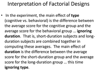 Interpretation of Factorial Designs
• In the experiment, the main effect of type
(cognitive vs. behavioral) is the difference between
the average score for the cognitive group and the
average score for the behavioral group … ignoring
duration. That is, short-duration subjects and long-
duration subjects are combined together in
computing these averages. The main effect of
duration is the difference between the average
score for the short-duration group and the average
score for the long-duration group … this time
ignoring type.
 