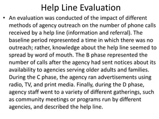 Help Line Evaluation
• An evaluation was conducted of the impact of different
methods of agency outreach on the number of phone calls
received by a help line (information and referral). The
baseline period represented a time in which there was no
outreach; rather, knowledge about the help line seemed to
spread by word of mouth. The B phase represented the
number of calls after the agency had sent notices about its
availability to agencies serving older adults and families.
During the C phase, the agency ran advertisements using
radio, TV, and print media. Finally, during the D phase,
agency staff went to a variety of different gatherings, such
as community meetings or programs run by different
agencies, and described the help line.
 