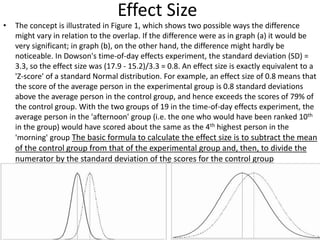 Effect Size
• The concept is illustrated in Figure 1, which shows two possible ways the difference
might vary in relation to the overlap. If the difference were as in graph (a) it would be
very significant; in graph (b), on the other hand, the difference might hardly be
noticeable. In Dowson's time-of-day effects experiment, the standard deviation (SD) =
3.3, so the effect size was (17.9 - 15.2)/3.3 = 0.8. An effect size is exactly equivalent to a
'Z-score' of a standard Normal distribution. For example, an effect size of 0.8 means that
the score of the average person in the experimental group is 0.8 standard deviations
above the average person in the control group, and hence exceeds the scores of 79% of
the control group. With the two groups of 19 in the time-of-day effects experiment, the
average person in the 'afternoon' group (i.e. the one who would have been ranked 10th
in the group) would have scored about the same as the 4th highest person in the
'morning' group The basic formula to calculate the effect size is to subtract the mean
of the control group from that of the experimental group and, then, to divide the
numerator by the standard deviation of the scores for the control group
 