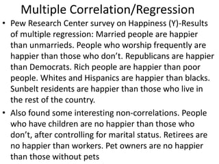 Multiple Correlation/Regression
• Pew Research Center survey on Happiness (Y)-Results
of multiple regression: Married people are happier
than unmarrieds. People who worship frequently are
happier than those who don’t. Republicans are happier
than Democrats. Rich people are happier than poor
people. Whites and Hispanics are happier than blacks.
Sunbelt residents are happier than those who live in
the rest of the country.
• Also found some interesting non-correlations. People
who have children are no happier than those who
don’t, after controlling for marital status. Retirees are
no happier than workers. Pet owners are no happier
than those without pets
 