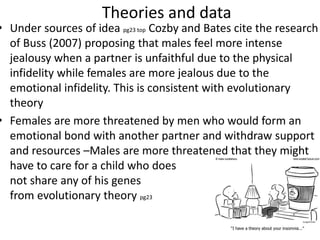 Theories and data
• Under sources of idea pg23 top Cozby and Bates cite the research
of Buss (2007) proposing that males feel more intense
jealousy when a partner is unfaithful due to the physical
infidelity while females are more jealous due to the
emotional infidelity. This is consistent with evolutionary
theory
• Females are more threatened by men who would form an
emotional bond with another partner and withdraw support
and resources –Males are more threatened that they might
have to care for a child who does
not share any of his genes taken
from evolutionary theory pg23
 