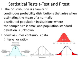 Statistical Tests t-Test and F test
• The t-distribution is a family of
continuous probability distributions that arise when
estimating the mean of a normally
distributed population in situations where
the sample size is small and population standard
deviation is unknown
• t-Test assumes continuous data
(interval or ratio)
 