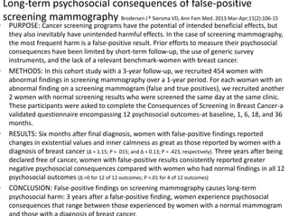 Long-term psychosocial consequences of false-positive
screening mammography Brodersen J & Siersma VD, Ann Fam Med. 2013 Mar-Apr;11(2):106-15
• PURPOSE: Cancer screening programs have the potential of intended beneficial effects, but
they also inevitably have unintended harmful effects. In the case of screening mammography,
the most frequent harm is a false-positive result. Prior efforts to measure their psychosocial
consequences have been limited by short-term follow-up, the use of generic survey
instruments, and the lack of a relevant benchmark-women with breast cancer.
• METHODS: In this cohort study with a 3-year follow-up, we recruited 454 women with
abnormal findings in screening mammography over a 1-year period. For each woman with an
abnormal finding on a screening mammogram (false and true positives), we recruited another
2 women with normal screening results who were screened the same day at the same clinic.
These participants were asked to complete the Consequences of Screening in Breast Cancer-a
validated questionnaire encompassing 12 psychosocial outcomes-at baseline, 1, 6, 18, and 36
months.
• RESULTS: Six months after final diagnosis, women with false-positive findings reported
changes in existential values and inner calmness as great as those reported by women with a
diagnosis of breast cancer (Δ = 1.15; P = .015; and Δ = 0.13; P = .423, respectively). Three years after being
declared free of cancer, women with false-positive results consistently reported greater
negative psychosocial consequences compared with women who had normal findings in all 12
psychosocial outcomes (Δ >0 for 12 of 12 outcomes; P <.01 for 4 of 12 outcomes)
• CONCLUSION: False-positive findings on screening mammography causes long-term
psychosocial harm: 3 years after a false-positive finding, women experience psychosocial
consequences that range between those experienced by women with a normal mammogram
 