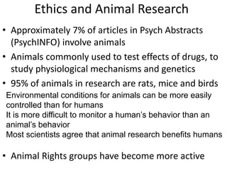 Ethics and Animal Research
• Approximately 7% of articles in Psych Abstracts
(PsychINFO) involve animals
• Animals commonly used to test effects of drugs, to
study physiological mechanisms and genetics
• 95% of animals in research are rats, mice and birds
• Animal Rights groups have become more active
Environmental conditions for animals can be more easily
controlled than for humans
It is more difficult to monitor a human’s behavior than an
animal’s behavior
Most scientists agree that animal research benefits humans
 