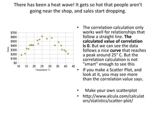 There has been a heat wave! It gets so hot that people aren't
going near the shop, and sales start dropping.
• The correlation calculation only
works well for relationships that
follow a straight line. The
calculated value of correlation
is 0. But we can see the data
follows a nice curve that reaches
a peak around 25° C. But the
correlation calculation is not
"smart" enough to see this
• If you make a Scatter Plot, and
look at it, you may see more
than the correlation value says.
• Make your own scatterplot
• http://www.alcula.com/calculat
ors/statistics/scatter-plot/
 