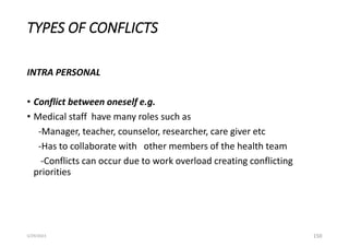 TYPES OF CONFLICTS
INTRA PERSONAL
• Conflict between oneself e.g.
• Medical staff have many roles such as
-Manager, teacher, counselor, researcher, care giver etc
-Has to collaborate with other members of the health team
-Conflicts can occur due to work overload creating conflicting
priorities
150
5/29/2023
 