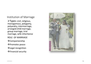Institution of Marriage
Types-civil, religious,
monogamous, polygamy,
polyandry, intermarriage,
arranged child marriage,
group marriage, trial
marriage, wife inheritance
ROLE OF MARRIAGE
Companionship
Promotes peace
Legal recognition
Financial security
96
5/29/2023
 