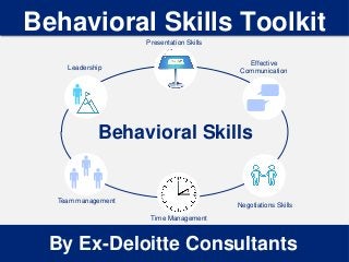 1
Behavioral Skills Toolkit
By Ex-Deloitte Consultants
Behavioral Skills
Presentation Skills
Effective
Communication
Time Management
Leadership
Negotiations Skills
Team management
 