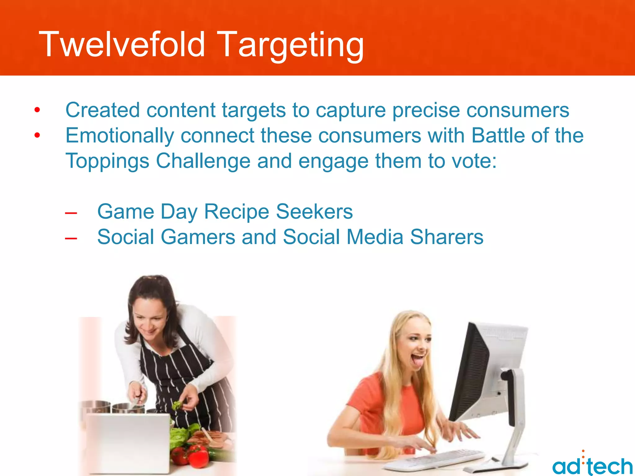 Twelvefold Targeting
•   Created content targets to capture precise consumers
•   Emotionally connect these consumers with Battle of the
    Toppings Challenge and engage them to vote:

    – Game Day Recipe Seekers
    – Social Gamers and Social Media Sharers
 