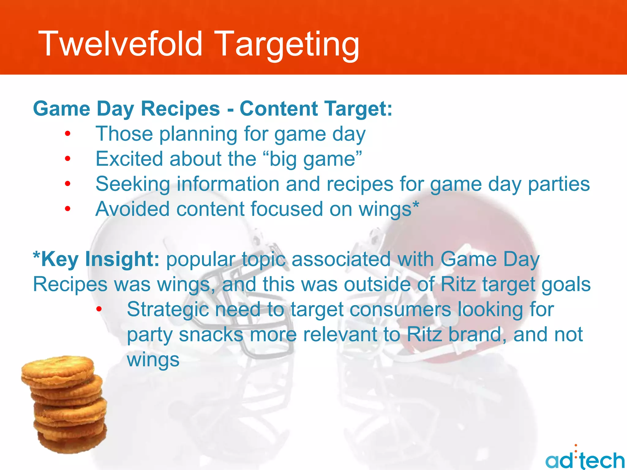 Twelvefold Targeting
Game Day Recipes - Content Target:
  • Those planning for game day
  • Excited about the “big game”
  • Seeking information and recipes for game day parties
  • Avoided content focused on wings*

*Key Insight: popular topic associated with Game Day
Recipes was wings, and this was outside of Ritz target goals
      • Strategic need to target consumers looking for
         party snacks more relevant to Ritz brand, and not
         wings
 