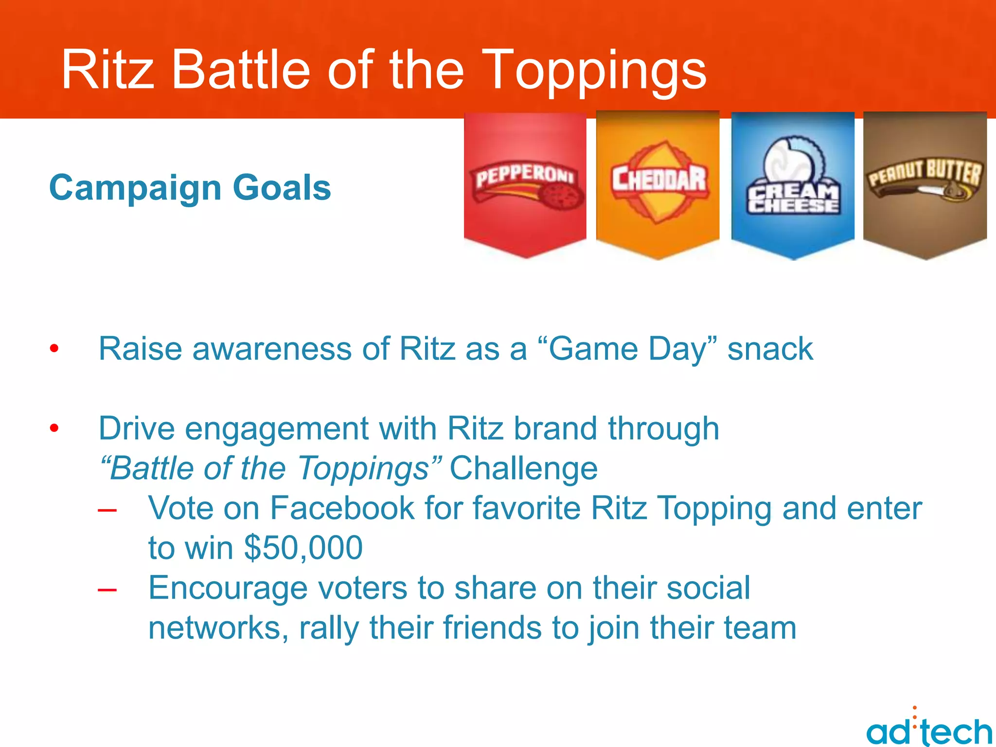 Ritz Battle of the Toppings

Campaign Goals



•   Raise awareness of Ritz as a “Game Day” snack

•   Drive engagement with Ritz brand through
    “Battle of the Toppings” Challenge
    – Vote on Facebook for favorite Ritz Topping and enter
       to win $50,000
    – Encourage voters to share on their social
       networks, rally their friends to join their team
 