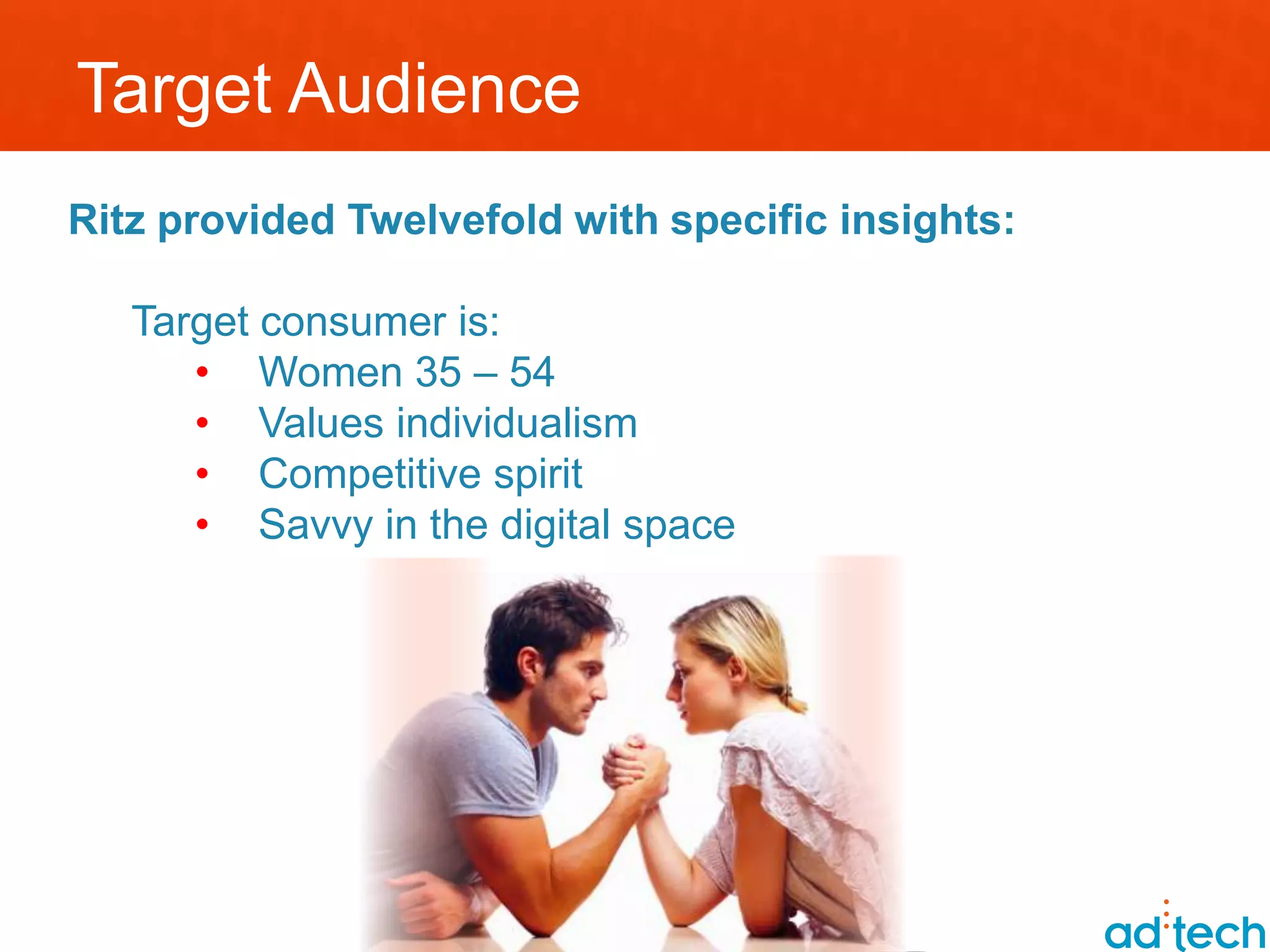 Target Audience
Ritz provided Twelvefold with specific insights:

   Target consumer is:
      • Women 35 – 54
      • Values individualism
      • Competitive spirit
      • Savvy in the digital space
 