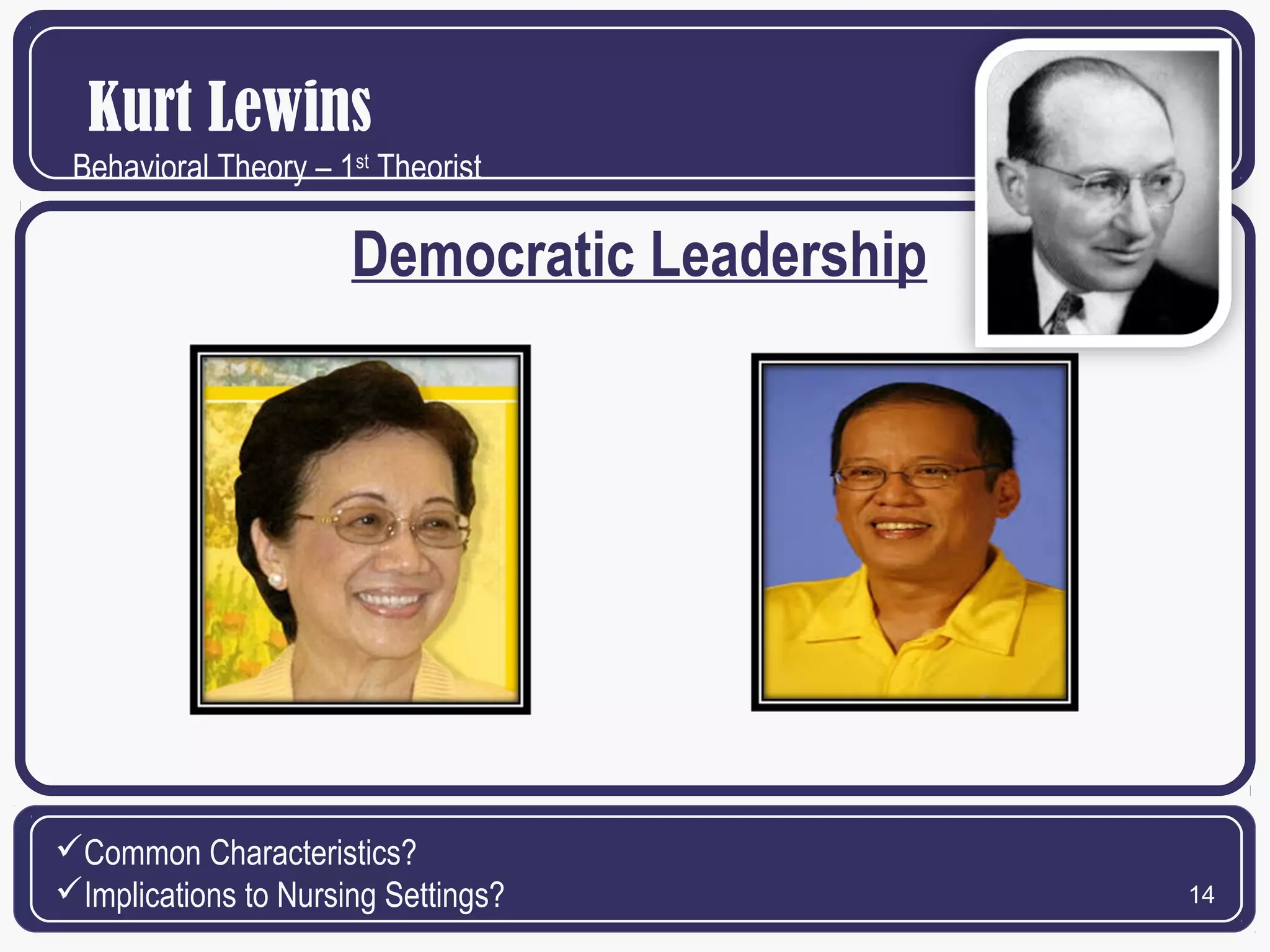 Kurt Lewins
Behavioral Theory – 1st Theorist

Democratic Leadership

Common Characteristics?
Implications to Nursing Settings?

14

 