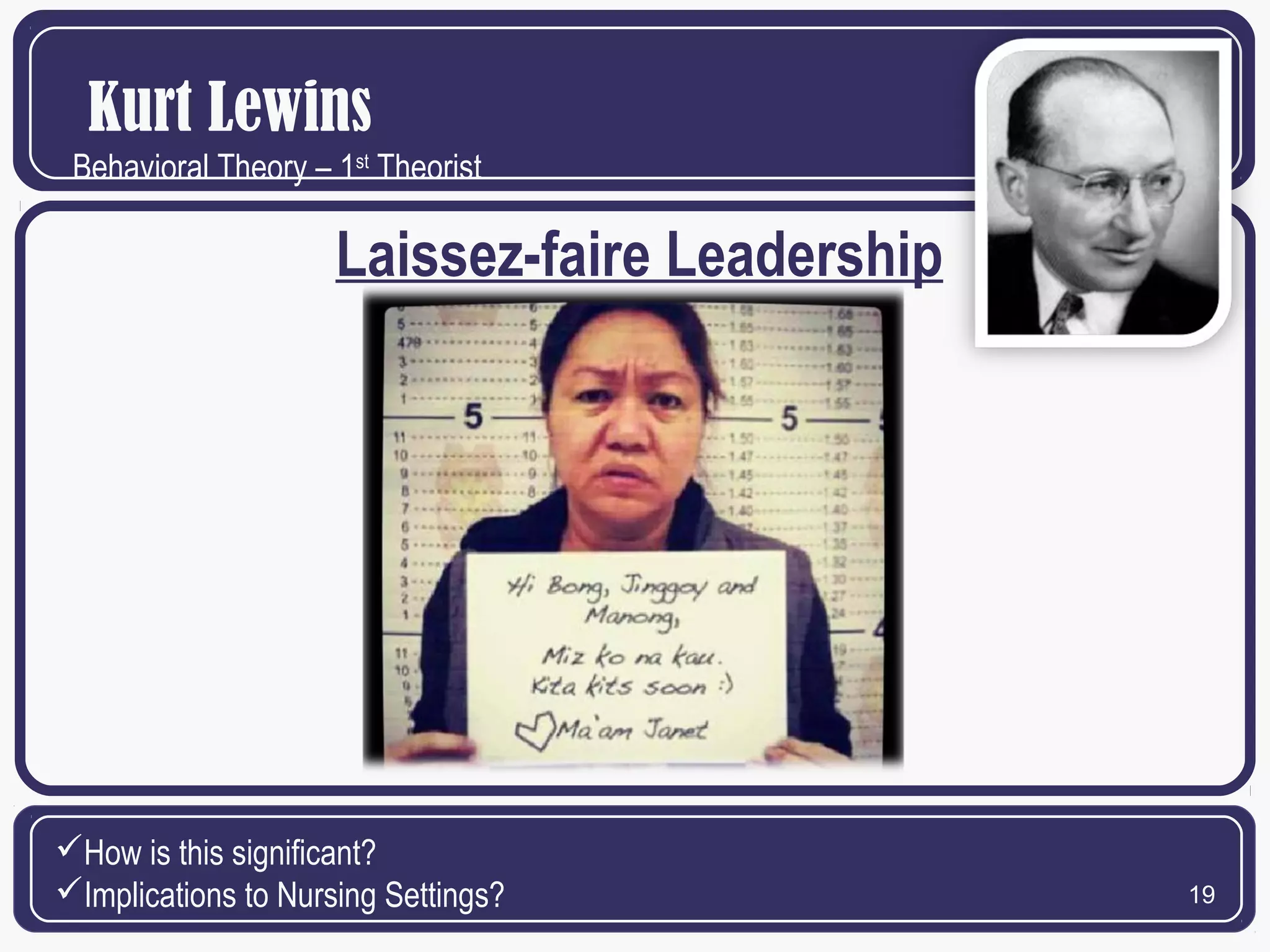 Kurt Lewins
Behavioral Theory – 1st Theorist

Laissez-faire Leadership

How is this significant?
Implications to Nursing Settings?

19

 
