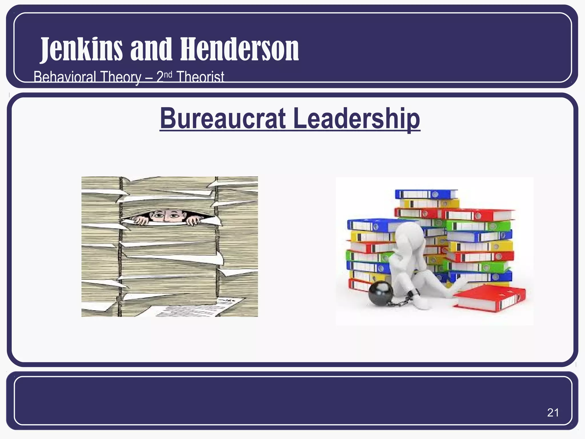 Jenkins and Henderson
Behavioral Theory – 2nd Theorist

Bureaucrat Leadership

21

 