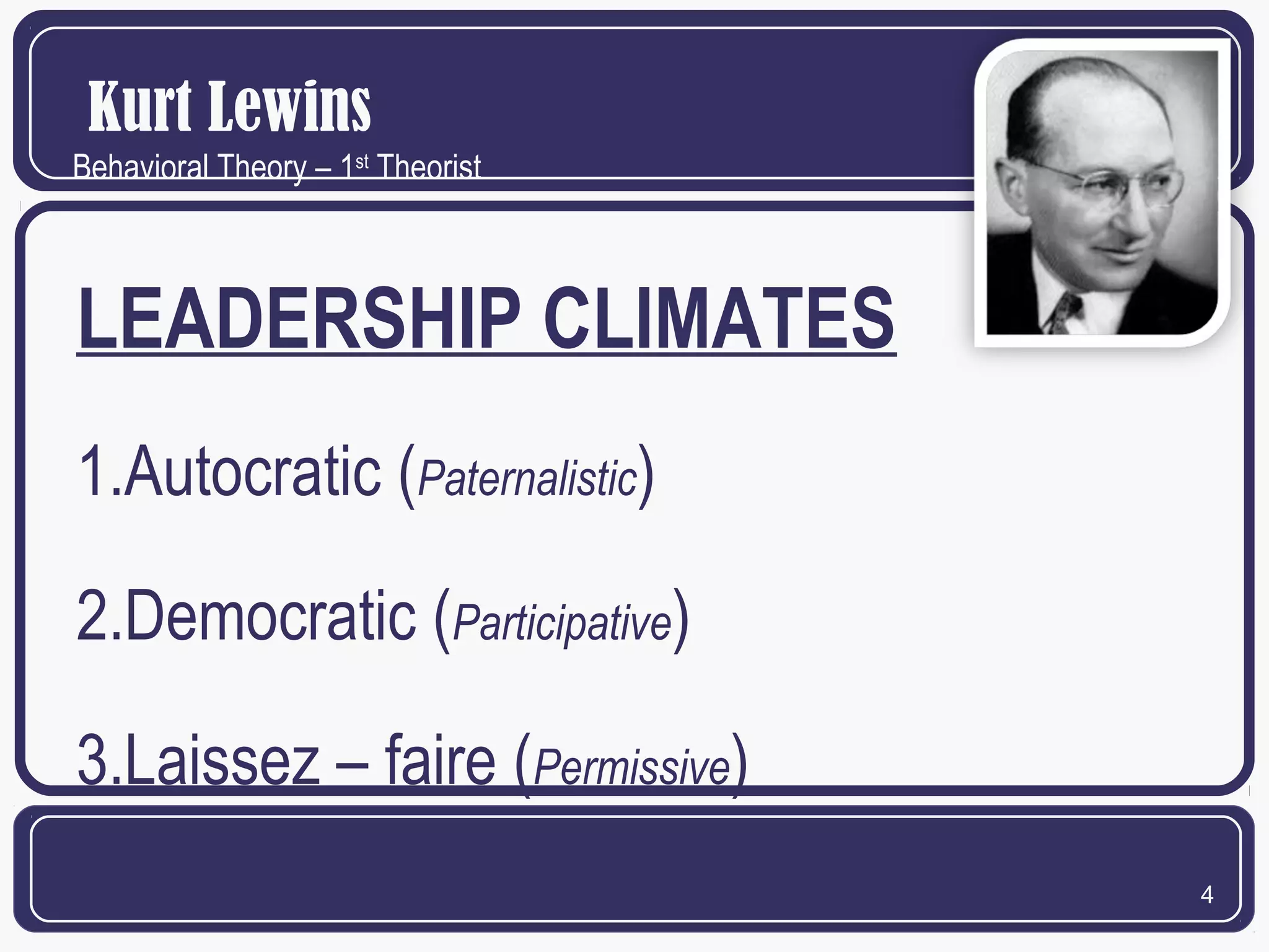 Kurt Lewins
Behavioral Theory – 1st Theorist

LEADERSHIP CLIMATES
1.Autocratic (Paternalistic)
2.Democratic (Participative)
3.Laissez – faire (Permissive)
4

 