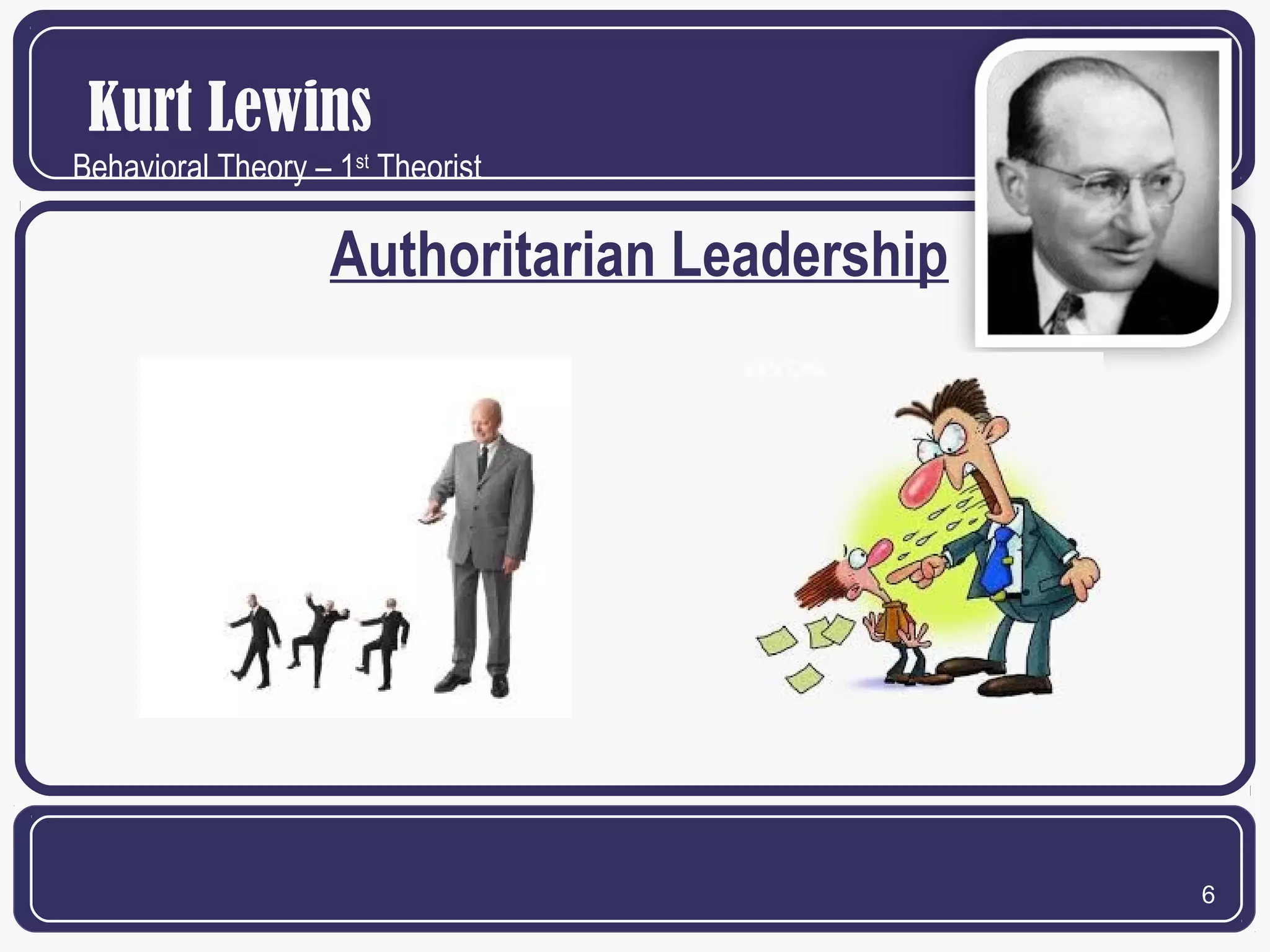 Kurt Lewins
Behavioral Theory – 1st Theorist

Authoritarian Leadership

6

 