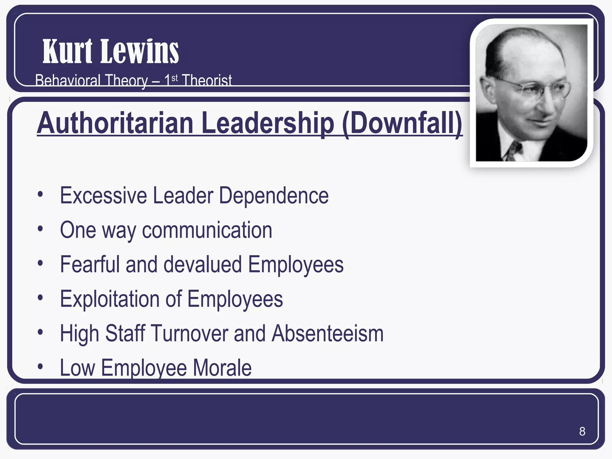 Kurt Lewins
Behavioral Theory – 1st Theorist

Authoritarian Leadership (Downfall)
•
•
•
•
•
•

Excessive Leader Dependence
One way communication
Fearful and devalued Employees
Exploitation of Employees
High Staff Turnover and Absenteeism
Low Employee Morale
8

 
