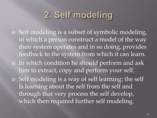  Self modeling is a subset of symbolic modeling,
in which a person construct a model of the way
their system operates and in so doing, provides
feedback to the system from which it can learn.
 In which condition he should perform and ask
him to extract, copy and perform your self.
 Self modeling is a way of self learning: the self
Is learning about the self from the self and
through that very process the self develop,
which then required further self modeling.
25
 