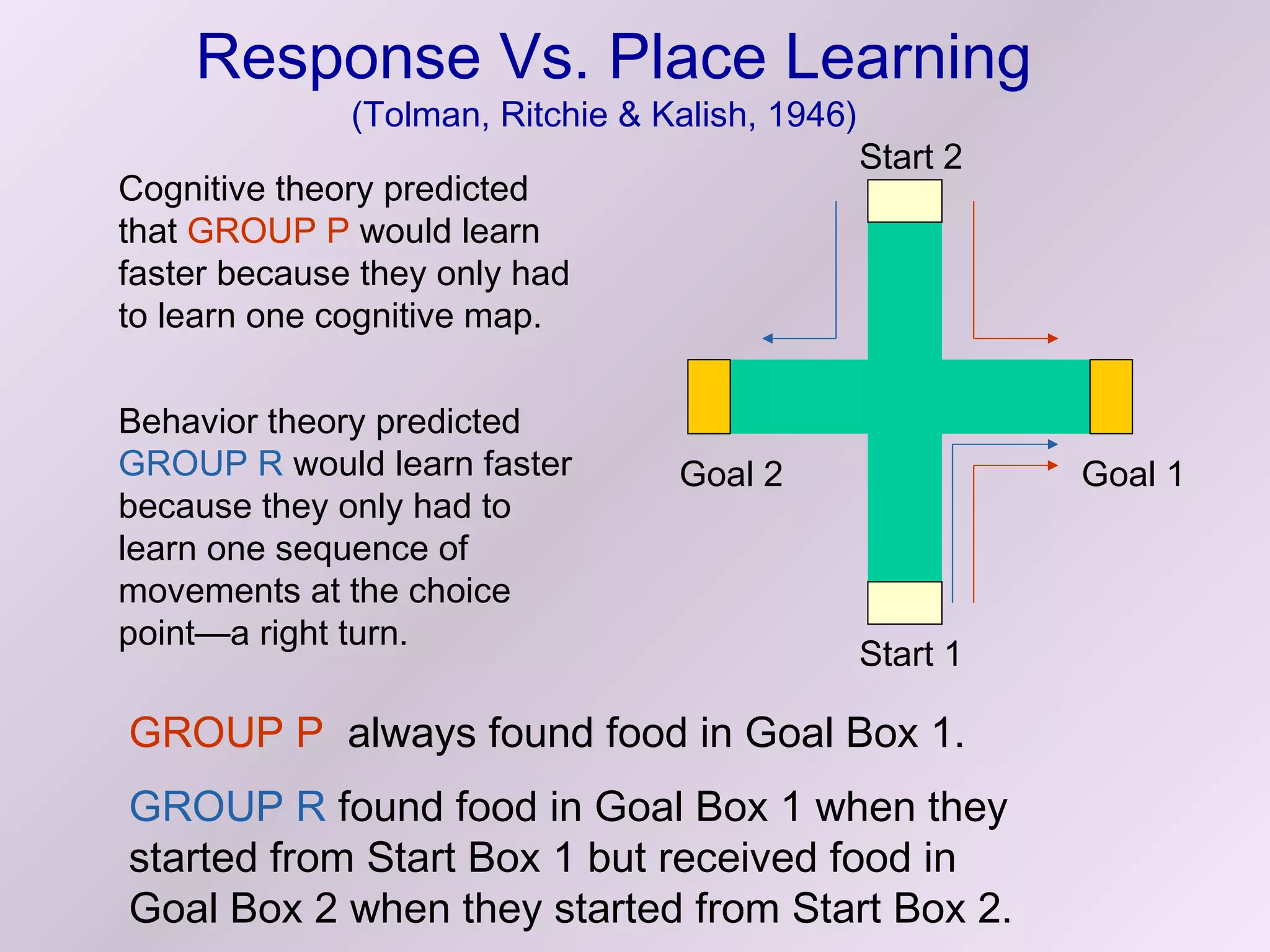 Response Vs. Place Learning
              (Tolman, Ritchie & Kalish, 1946)
                                                 Start 2
Cognitive theory predicted
that GROUP P would learn
faster because they only had
to learn one cognitive map.


Behavior theory predicted
GROUP R would learn faster        Goal 2                   Goal 1
because they only had to
learn one sequence of
movements at the choice
point—a right turn.
                                                 Start 1

GROUP P always found food in Goal Box 1.
GROUP R found food in Goal Box 1 when they
started from Start Box 1 but received food in
Goal Box 2 when they started from Start Box 2.
 