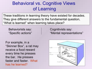 Behavioral vs. Cognitive Views
               of Learning
These traditions in learning theory have existed for decades.
They give different answers to the fundamental question,
“What is learned” when learning takes place?

   Behaviorists say:              Cognitivists say:
   “Specific actions”             “Mental representations”


 For example, in a
 “Skinner Box”, a rat may
 receive a food reward
 every time he presses
 the bar. He presses
 faster and faster. What
 has he learned?
 