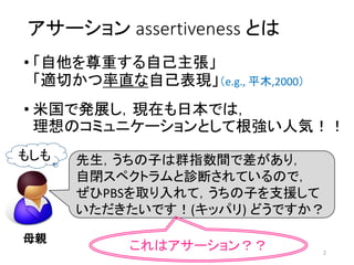 2
アサーション assertiveness とは
• 「自他を尊重する自己主張」
「適切かつ率直な自己表現」（e.g., 平木,2000）
• 米国で発展し，現在も日本では，
理想のコミュニケーションとして根強い人気！！
先生，うちの子は群指数間で差があり，
自閉スペクトラムと診断されているので，
ぜひPBSを取り入れて，うちの子を支援して
いただきたいです！(キッパリ) どうですか？
母親
これはアサーション？？
もしも
 