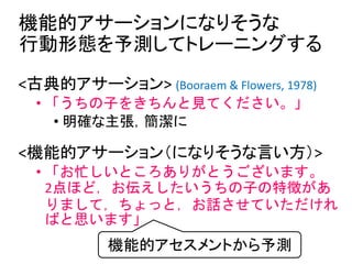 機能的アサーションになりそうな
行動形態を予測してトレーニングする
<古典的アサーション> (Booraem & Flowers, 1978)
• 「うちの子をきちんと見てください。」
• 明確な主張，簡潔に
<機能的アサーション（になりそうな言い方）>
• 「お忙しいところありがとうございます。
2点ほど，お伝えしたいうちの子の特徴があ
りまして，ちょっと，お話させていただけれ
ばと思います」
機能的アセスメントから予測
 